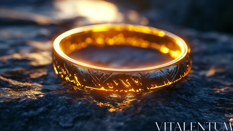 Luminous engraved gold ring on textured stone surface at dusk