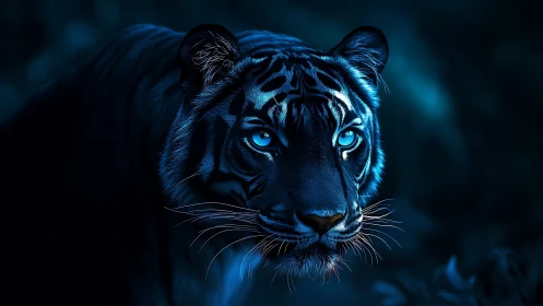 Moonlit cobalt tiger prowling with electric glacier eyes.