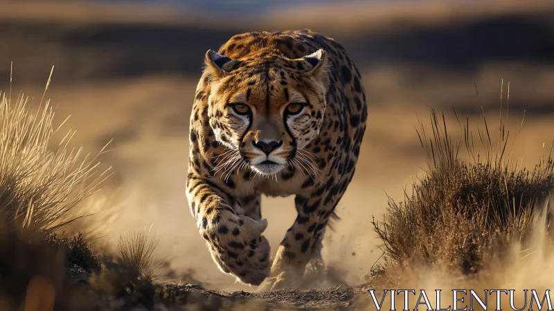 Spotted Predator Strides Through Desert Dust