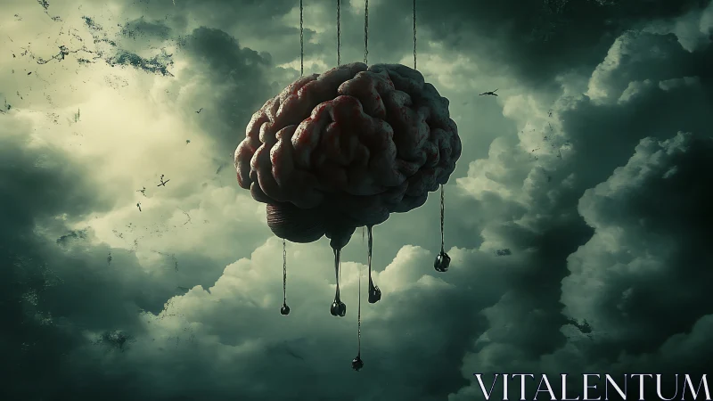 Suspended organic brain sculpture in turbulent storm clouds.