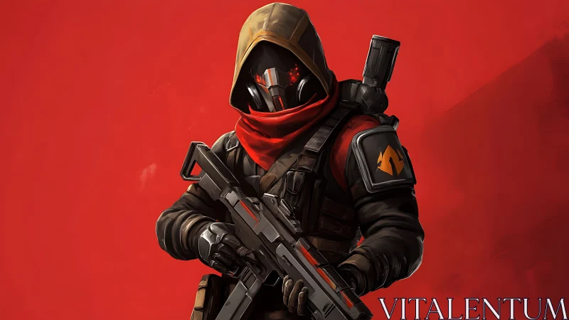Armored sci fi marksman with tactical rifle on red backdrop