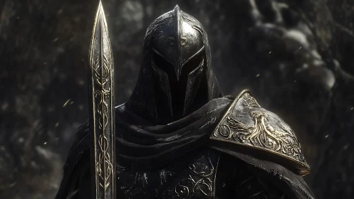 Heavily armored knight holds ornate sword in muted setting