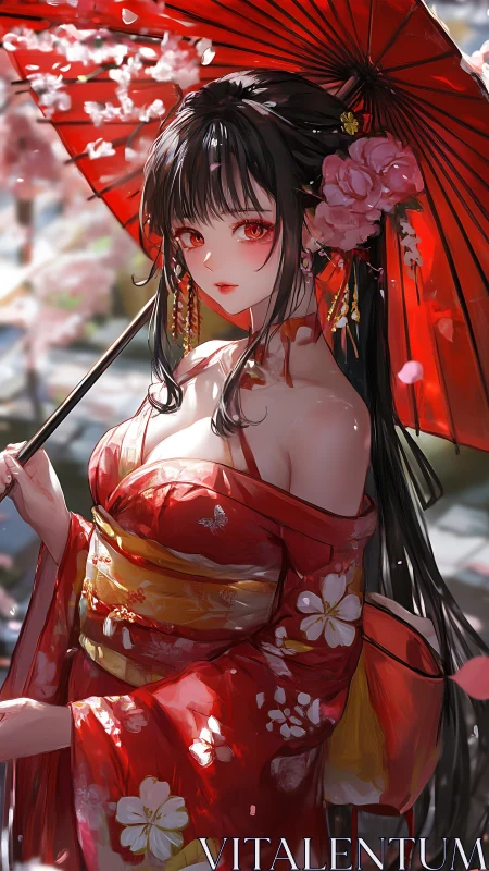 Cherry blossom kimono girl under a scarlet parasol.