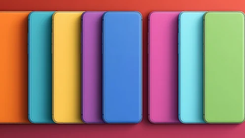 Row of colorful modern smartphones on red background.