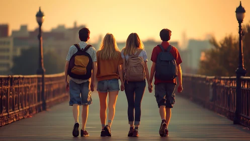 Four young people walking on urban bridge at sunset light.