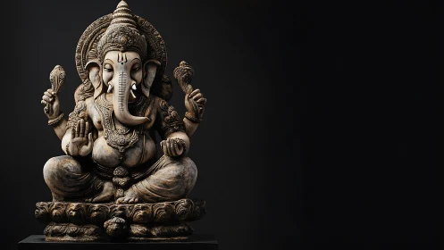 Stone sculpture of seated Ganesha on dark background.