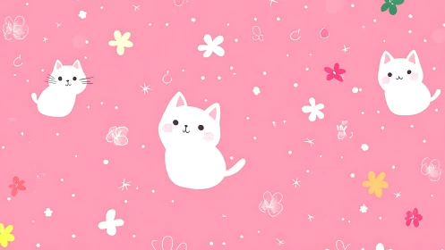 Playful White Cats Among Flowers on Pink Background