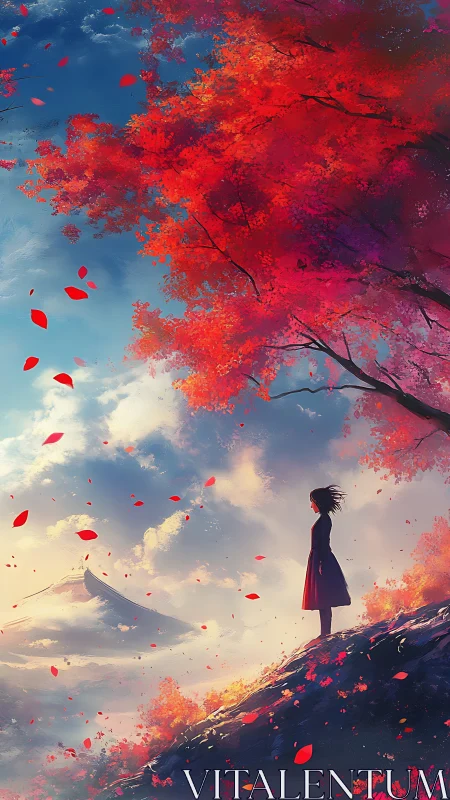 Solitary figure studies autumn hillside under luminous sky