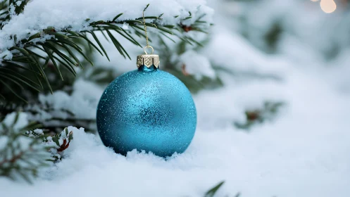 Turquoise Christmas bauble resting in snowy evergreen branches.