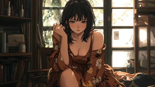 Melancholic young woman in floral robe by sunlit studio window