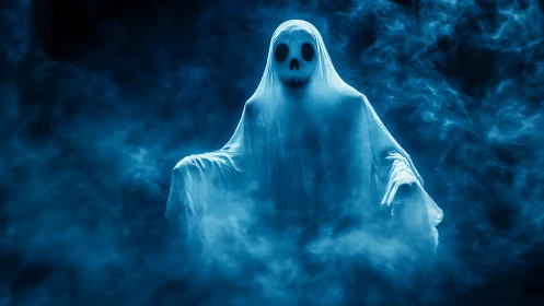 Midnight ghost grins through cobalt fog and curling shadows