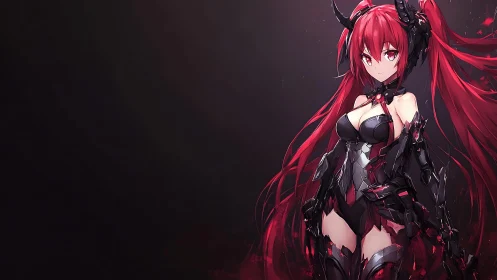 Dark-armored crimson warrior in futuristic anime style.