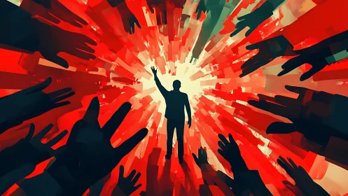 Silhouette in the spotlight surrounded by reaching hands.