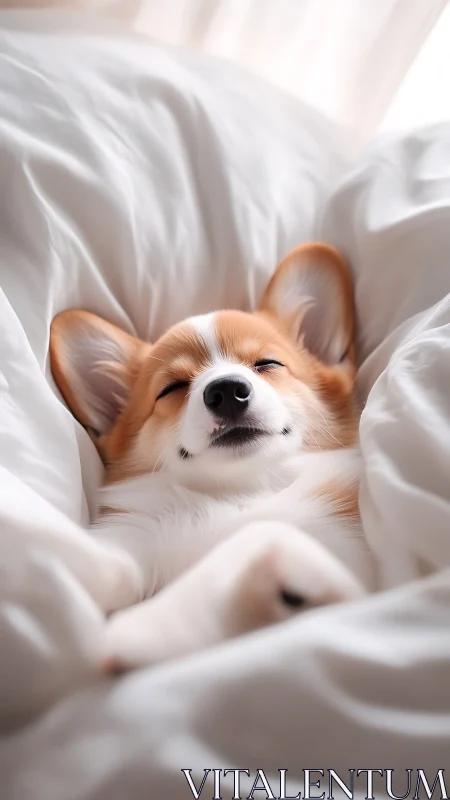 Cozy corgi nestled in white bedding, serene morning light.