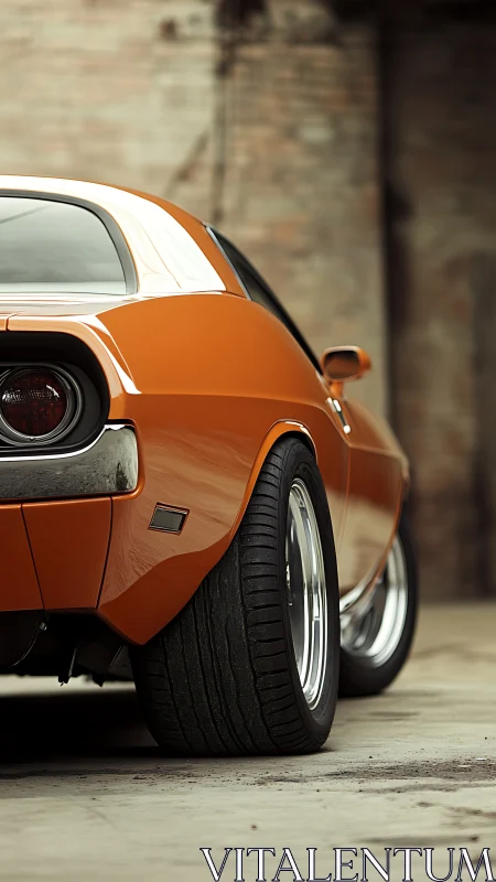 Rear three-quarter view of orange classic coupe in garage.