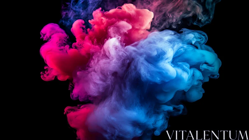 Vibrant red and blue ink clouds collide in dark space