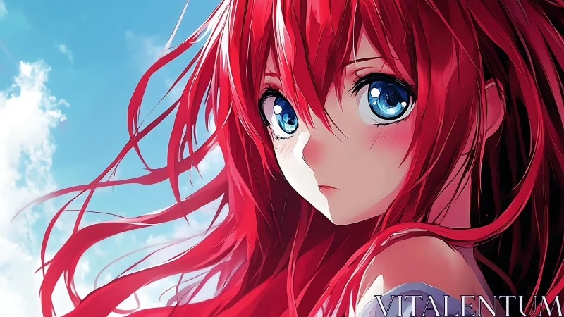 Sky-kissed anime girl with bright red hair and soft gaze.