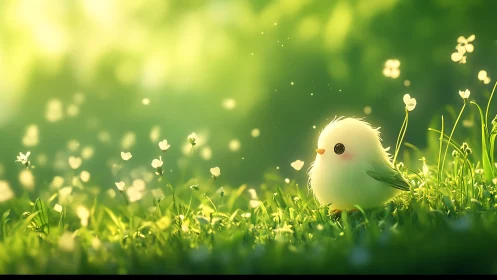 Adorable Fluffy Bird in Dreamy Spring Meadow, Soft Pastel Art.
