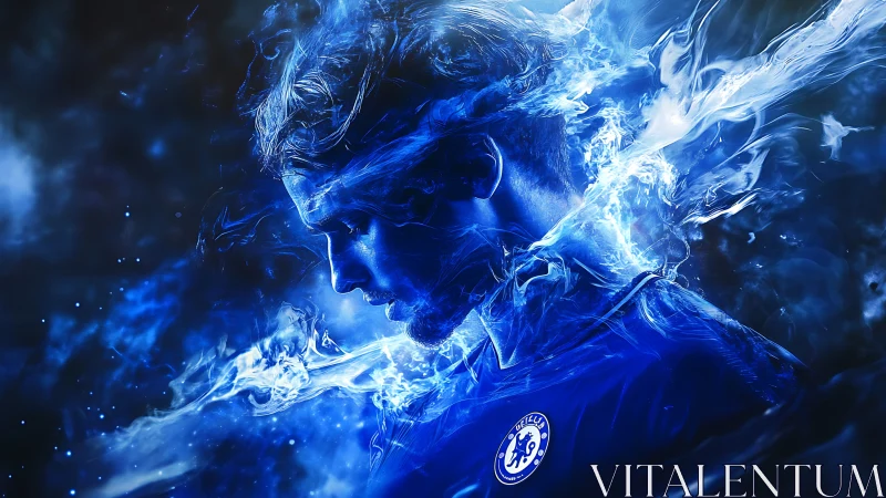 Blue-lit football portrait merges motion blur with energy trails