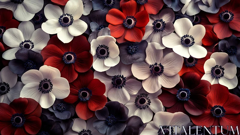 Radiant Anemones in Red, White, and Deep Blue Tones.
