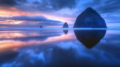 Rock monoliths mirror glowing dusk sky over tidal shallows.