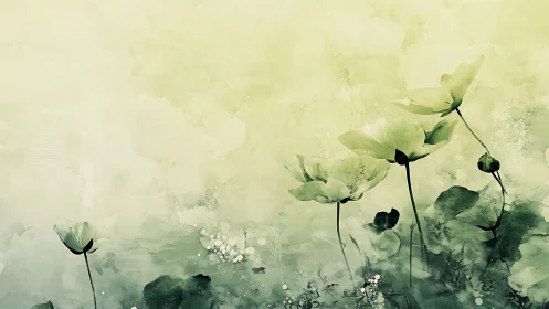 Watercolor Cosmos Flowers in Ethereal Green Mist