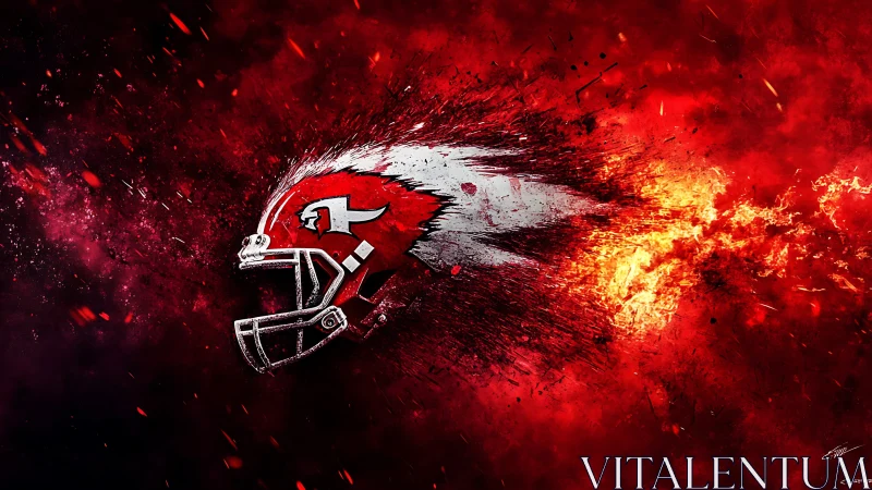 Exploding red football helmet streaks through fiery cosmos.