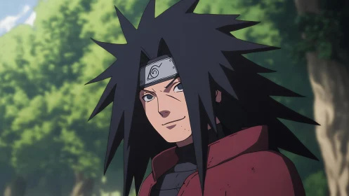 Spiky haired ninja portrait under soft forest daylight.