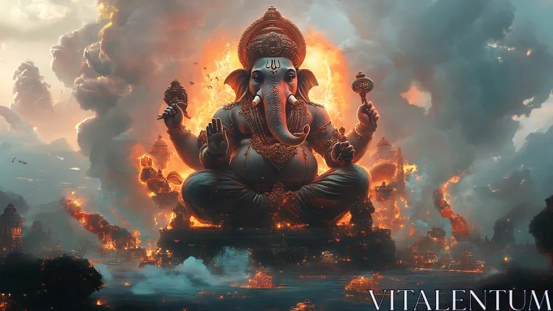 Colossal Ganesha figure amid burning city and smoke clouds.