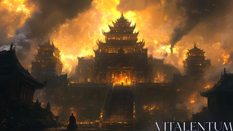 Incandescent imperial citadel under large scale conflagration.