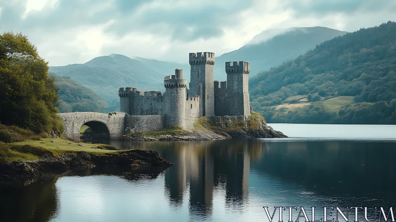 Lakeside stone fortress mirrored in misty mountain waters.