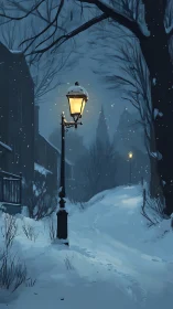 Snow covered path with streetlamps in a dim winter town.
