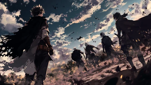 Cloaked warriors advance across windy battlefield at dusk