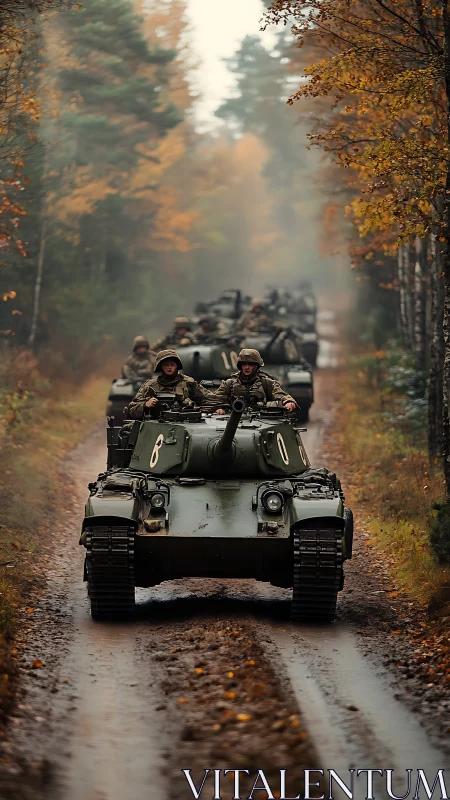 Armored convoy advancing through misty autumn forest road.
