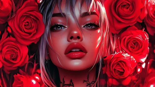 Digital portrait of woman’s face framed by red roses.