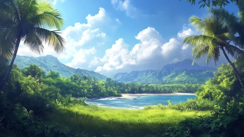 Tropical Valley Cove with Mountain Backdrop.