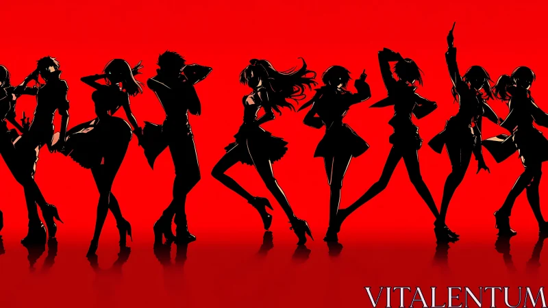 Silhouetted anime ensemble against bold red backdrop.