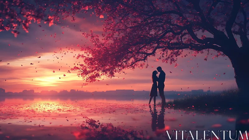 Couple silhouette kissing under cherry blossom tree at sunset