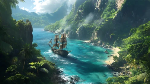 Pirate Ship in Tropical Lagoon Cove