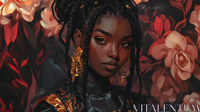 Portrait of braided woman set against dense red floral background