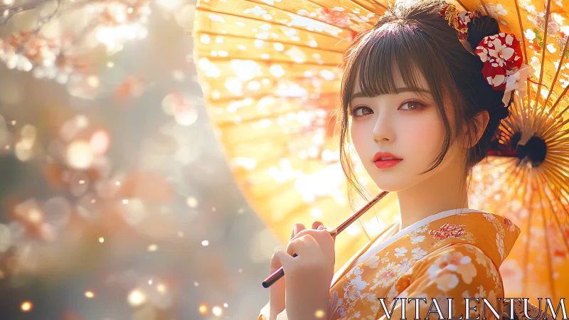 Elegant kimono girl under glowing parasol in spring light.