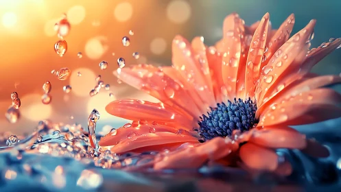 Red Gerbera With Water Droplets Against Warm Sunset Bokeh.