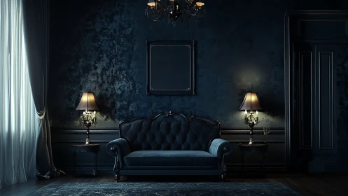 Midnight parlor with velvet sofa and gentle lamplight glow.