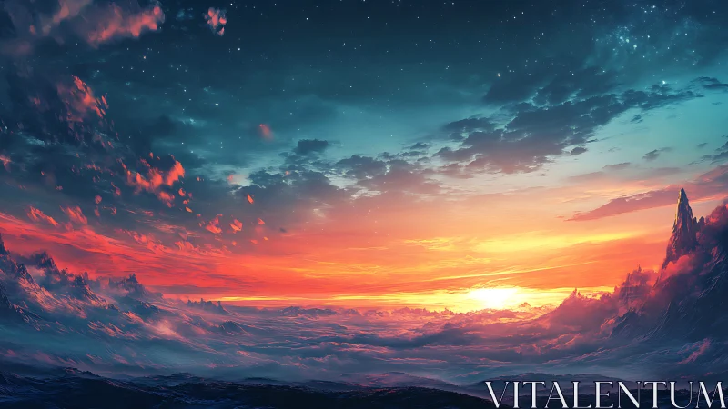 Celestial sunrise over alien cloud ocean in vivid color.