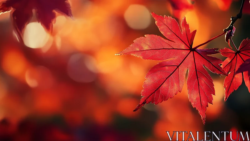 Red maple leaves hang in sharp focus against blurred light