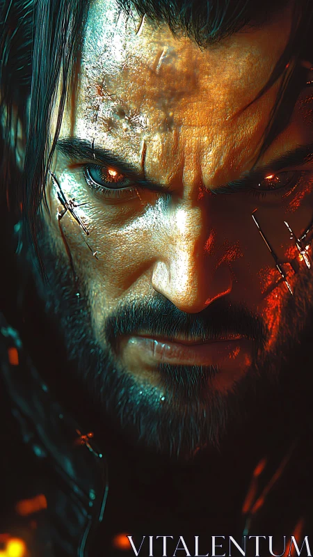 Cybernetic warrior close-up with burning mechanical gaze.