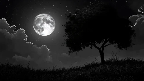 Moonlight leans over a lone hilltop tree in velvet grayscale