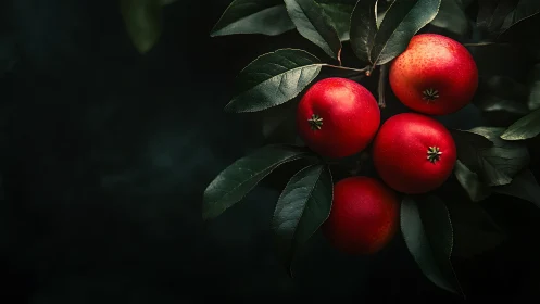 Dusky orchard moment with glowing red apples on branch.