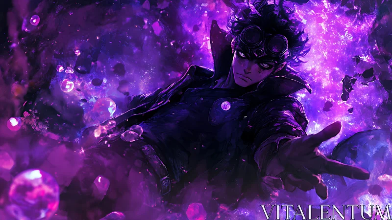 Mystic warrior reaches through swirling violet cosmic energy