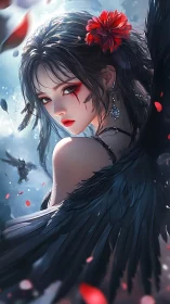 Dark winged heroine with crimson flower and falling petals.